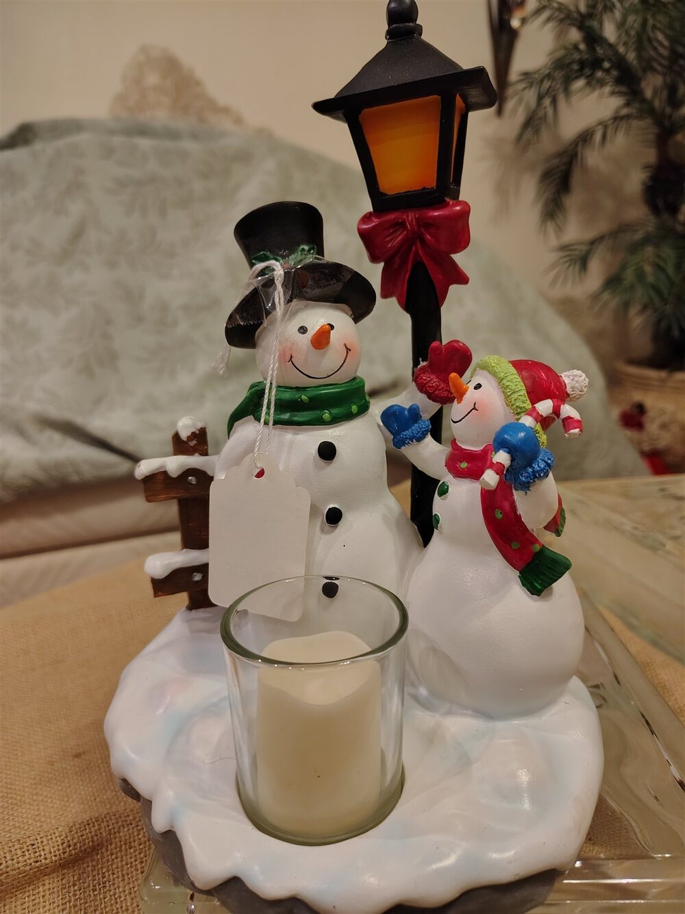 Snowman Lamp Post Candle Holder Christmas Figurine